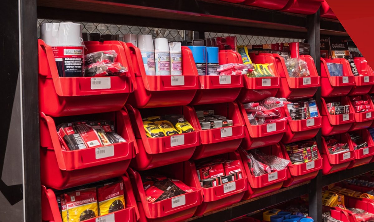 Anaqueles con bins surtidos por punto de consumo